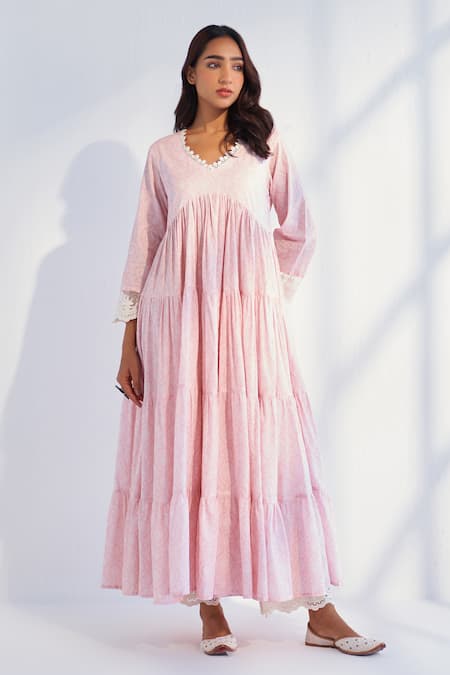 Shop Roze Pink Cotton, Kota Doria Embroidery V-neck Laila Floral Print Anarkali Pant Set Online at Aza Fashions Shop_Roze_Pink Cotton, Kota Doria Embroidery V-neck Laila Floral Print Anarkali Pant Set _Online_at_Aza_Fashions