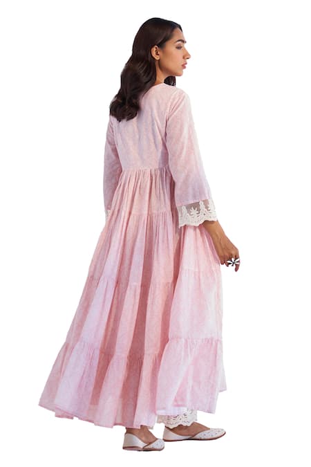 Buy Roze Pink Cotton, Kota Doria Embroidery V-neck Laila Floral Print Anarkali Pant Set Buy_Roze_Pink Cotton, Kota Doria Embroidery V-neck Laila Floral Print Anarkali Pant Set