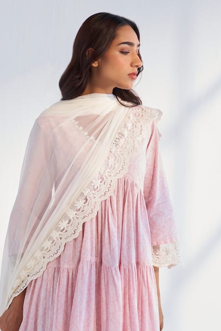 Shop Roze Pink Cotton, Kota Doria Embroidery V-neck Laila Floral Print Anarkali Pant Set Shop_Roze_Pink Cotton, Kota Doria Embroidery V-neck Laila Floral Print Anarkali Pant Set