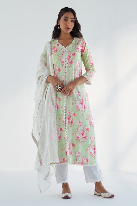 Roze Green Kurta And Pant Pure Cotton Printed Floral V Neck Lina Set 