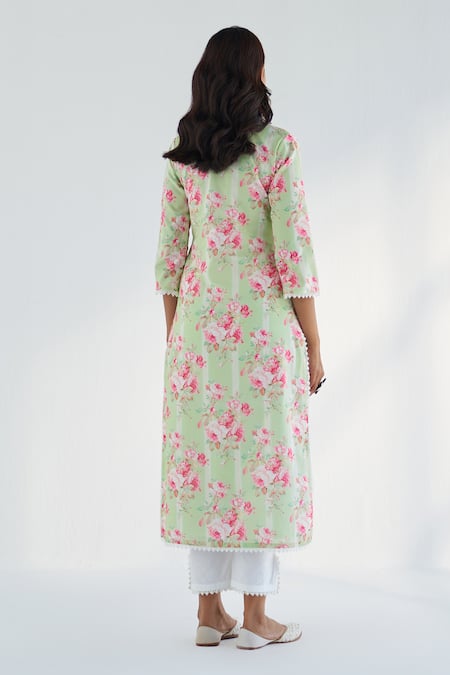Shop_Roze_Green Cotton, Kota Doria Embroidery, Lace Lina Floral Print Kurta Pant Set _at_Aza_Fashions