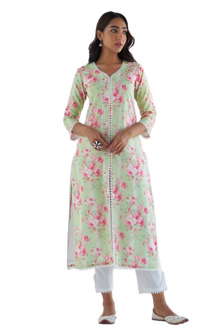 Roze_Green Cotton, Kota Doria Embroidery, Lace Lina Floral Print Kurta Pant Set _Online_at_Aza_Fashions