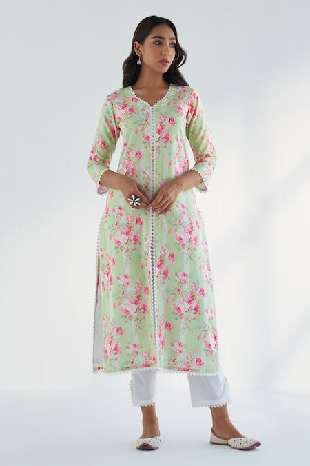 Buy_Roze_Green Cotton, Kota Doria Embroidery, Lace Lina Floral Print Kurta Pant Set _Online_at_Aza_Fashions