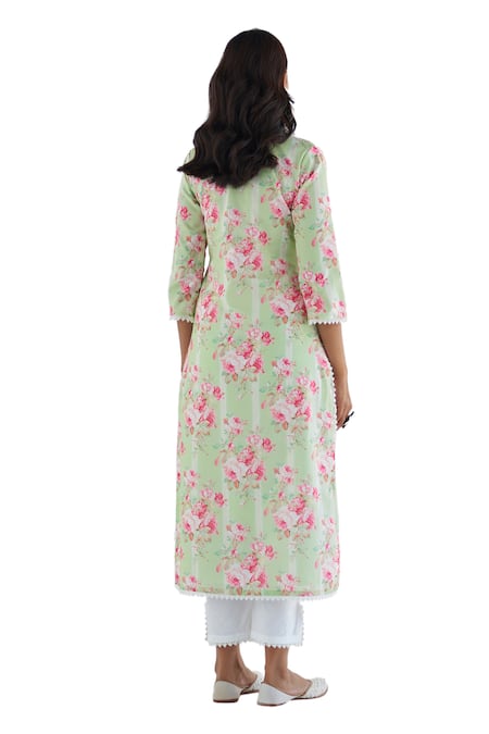 Shop_Roze_Green Cotton, Kota Doria Embroidery, Lace Lina Floral Print Kurta Pant Set _Online_at_Aza_Fashions