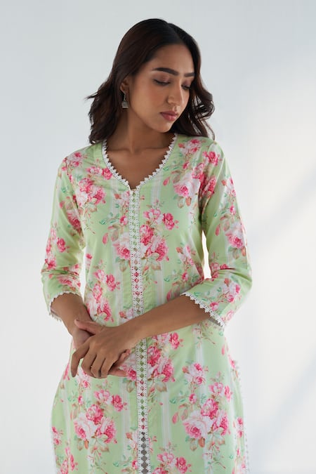 Buy_Roze_Green Cotton, Kota Doria Embroidery, Lace Lina Floral Print Kurta Pant Set 