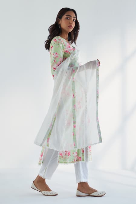 Shop_Roze_Green Cotton, Kota Doria Embroidery, Lace Lina Floral Print Kurta Pant Set 