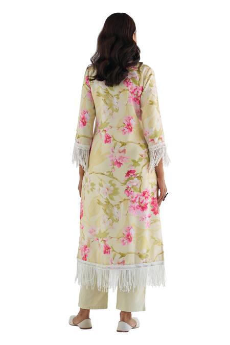Roze_Yellow Cotton, Chiffon Lace V-neck Mahnoor Floral Print Kurta Pant Set _Online_at_Aza_Fashions