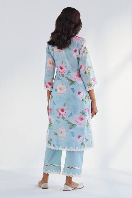 Shop_Roze_Blue Cotton, Kota Doria Lace V-neck Mariam Floral Print Kurta Pant Set _at_Aza_Fashions