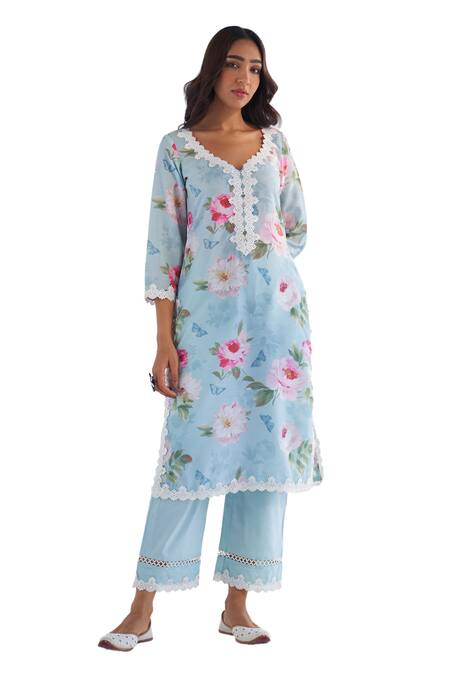 Roze_Blue Cotton, Kota Doria Lace V-neck Mariam Floral Print Kurta Pant Set _Online_at_Aza_Fashions