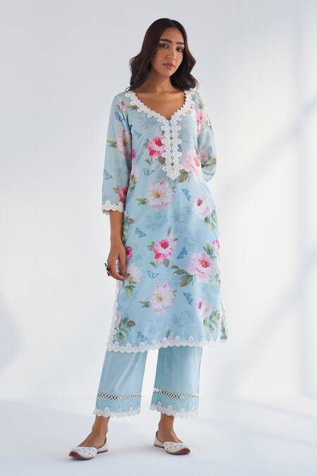 Buy_Roze_Blue Cotton, Kota Doria Lace V-neck Mariam Floral Print Kurta Pant Set _Online_at_Aza_Fashions