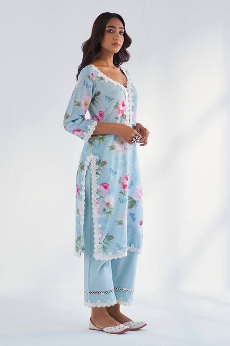 Shop_Roze_Blue Cotton, Kota Doria Lace V-neck Mariam Floral Print Kurta Pant Set _Online_at_Aza_Fashions