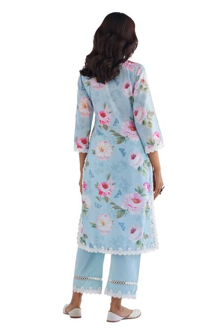 Roze_Blue Cotton, Kota Doria Lace V-neck Mariam Floral Print Kurta Pant Set _at_Aza_Fashions