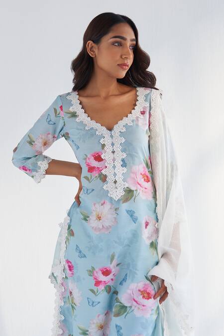 Buy_Roze_Blue Cotton, Kota Doria Lace V-neck Mariam Floral Print Kurta Pant Set 