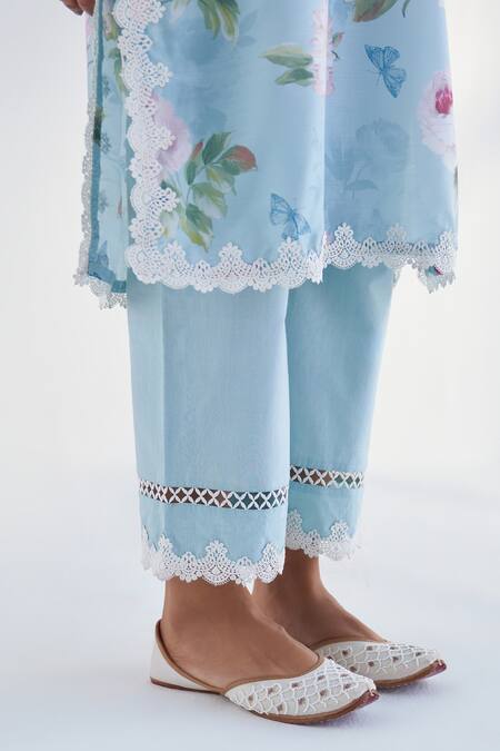 Shop_Roze_Blue Cotton, Kota Doria Lace V-neck Mariam Floral Print Kurta Pant Set 