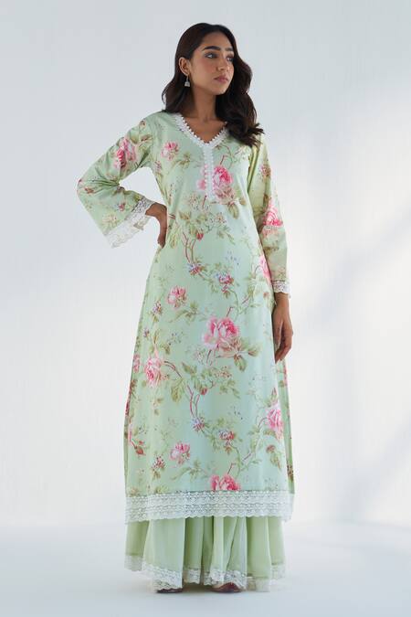 Roze Green Cotton, Kota Doria Lace V-neck Maysoon Floral Print Kurta Sharara Set Online at Aza Fashions Roze_Green Cotton, Kota Doria Lace V-neck Maysoon Floral Print Kurta Sharara Set _Online_at_Aza_Fashions