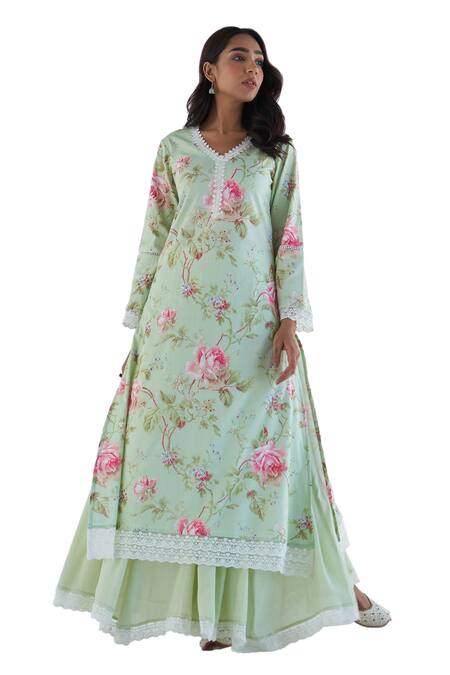 Buy Roze Green Cotton, Kota Doria Lace V-neck Maysoon Floral Print Kurta Sharara Set Online at Aza Fashions Buy_Roze_Green Cotton, Kota Doria Lace V-neck Maysoon Floral Print Kurta Sharara Set _Online_at_Aza_Fashions