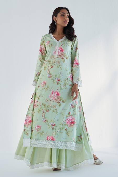 Shop Roze Green Cotton, Kota Doria Lace V-neck Maysoon Floral Print Kurta Sharara Set Online at Aza Fashions Shop_Roze_Green Cotton, Kota Doria Lace V-neck Maysoon Floral Print Kurta Sharara Set _Online_at_Aza_Fashions