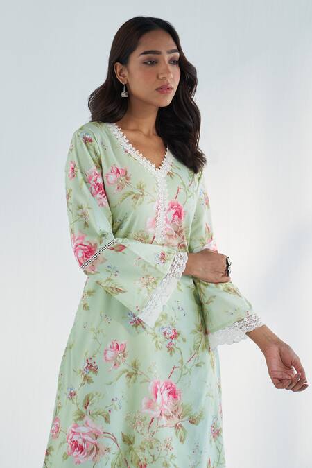 Shop Roze Green Cotton, Kota Doria Lace V-neck Maysoon Floral Print Kurta Sharara Set Shop_Roze_Green Cotton, Kota Doria Lace V-neck Maysoon Floral Print Kurta Sharara Set