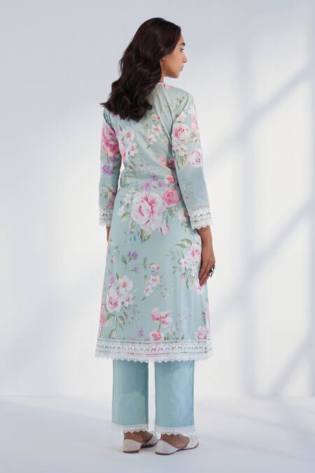 Shop Roze Blue Cotton, Chiffon Lace Round Neck Nyla Floral Print Kurta Pant Set at Aza Fashions Shop_Roze_Blue Cotton, Chiffon Lace Round Neck Nyla Floral Print Kurta Pant Set _at_Aza_Fashions