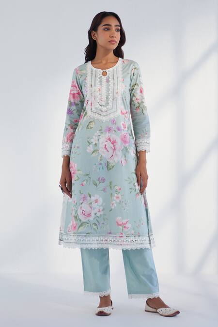 Roze Blue Cotton, Chiffon Lace Round Neck Nyla Floral Print Kurta Pant Set Online at Aza Fashions Roze_Blue Cotton, Chiffon Lace Round Neck Nyla Floral Print Kurta Pant Set _Online_at_Aza_Fashions