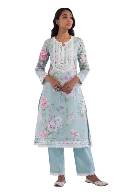 Shop Roze Blue Cotton, Chiffon Lace Round Neck Nyla Floral Print Kurta Pant Set Online at Aza Fashions Shop_Roze_Blue Cotton, Chiffon Lace Round Neck Nyla Floral Print Kurta Pant Set _Online_at_Aza_Fashions