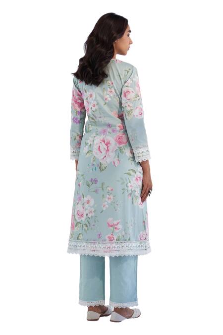 Buy Roze Blue Cotton, Chiffon Lace Round Neck Nyla Floral Print Kurta Pant Set Buy_Roze_Blue Cotton, Chiffon Lace Round Neck Nyla Floral Print Kurta Pant Set