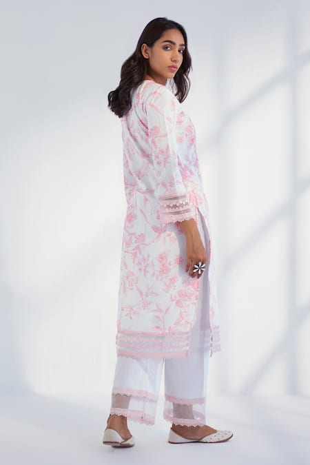 Shop Roze Pink Cotton, Chiffon Lace, Embroidery Nyla Floral Pattern Kurta Pant Set at Aza Fashions Shop_Roze_Pink Cotton, Chiffon Lace, Embroidery Nyla Floral Pattern Kurta Pant Set _at_Aza_Fashions