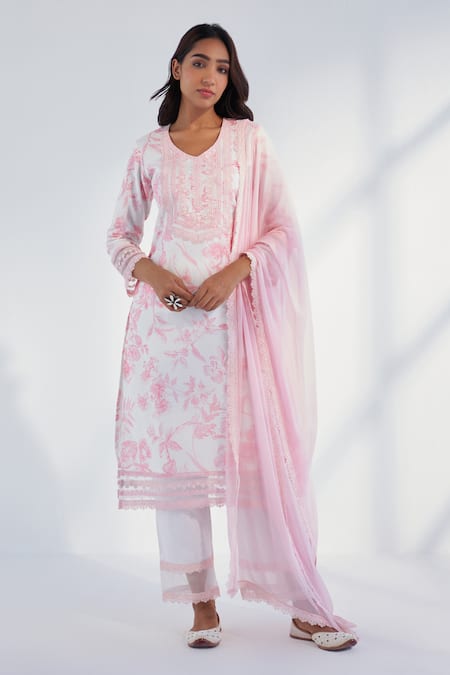 Roze Pink Cotton, Chiffon Lace, Embroidery Nyla Floral Pattern Kurta Pant Set Online at Aza Fashions Roze_Pink Cotton, Chiffon Lace, Embroidery Nyla Floral Pattern Kurta Pant Set _Online_at_Aza_Fashions