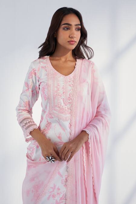 Buy Roze Pink Cotton, Chiffon Lace, Embroidery Nyla Floral Pattern Kurta Pant Set Online at Aza Fashions Buy_Roze_Pink Cotton, Chiffon Lace, Embroidery Nyla Floral Pattern Kurta Pant Set _Online_at_Aza_Fashions