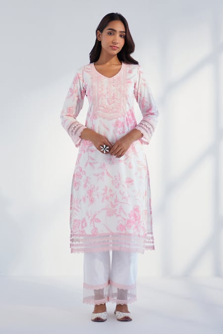 Shop Roze Pink Cotton, Chiffon Lace, Embroidery Nyla Floral Pattern Kurta Pant Set Online at Aza Fashions Shop_Roze_Pink Cotton, Chiffon Lace, Embroidery Nyla Floral Pattern Kurta Pant Set _Online_at_Aza_Fashions