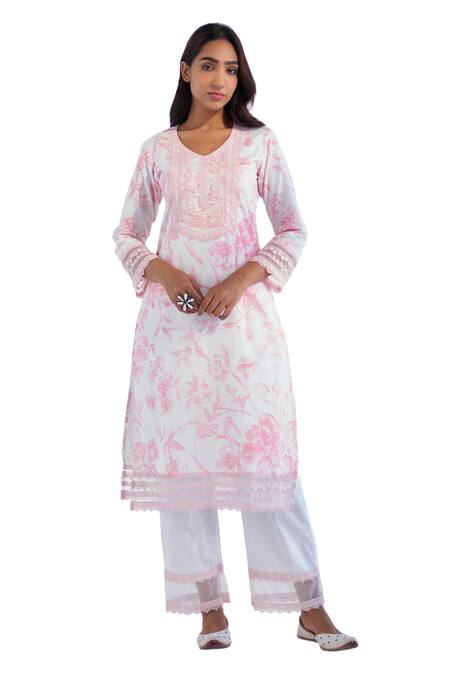 Buy Roze Pink Cotton, Chiffon Lace, Embroidery Nyla Floral Pattern Kurta Pant Set Buy_Roze_Pink Cotton, Chiffon Lace, Embroidery Nyla Floral Pattern Kurta Pant Set