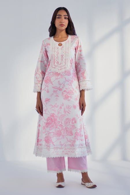Buy Roze Pink Cotton, Chiffon Lace Round Neck Raya Floral Print Kurta Pant Set Online at Aza Fashions Buy_Roze_Pink Cotton, Chiffon Lace Round Neck Raya Floral Print Kurta Pant Set _Online_at_Aza_Fashions