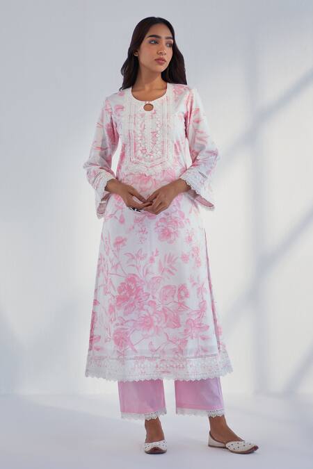 Shop Roze Pink Cotton, Chiffon Lace Round Neck Raya Floral Print Kurta Pant Set Online at Aza Fashions Shop_Roze_Pink Cotton, Chiffon Lace Round Neck Raya Floral Print Kurta Pant Set _Online_at_Aza_Fashions