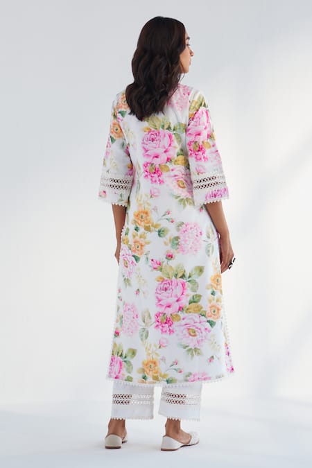 Shop Roze White Cotton, Chiffon Embroidery, Lace Round Riha Floral Print Kurta Pant Set at Aza Fashions Shop_Roze_White Cotton, Chiffon Embroidery, Lace Round Riha Floral Print Kurta Pant Set _at_Aza_Fashions