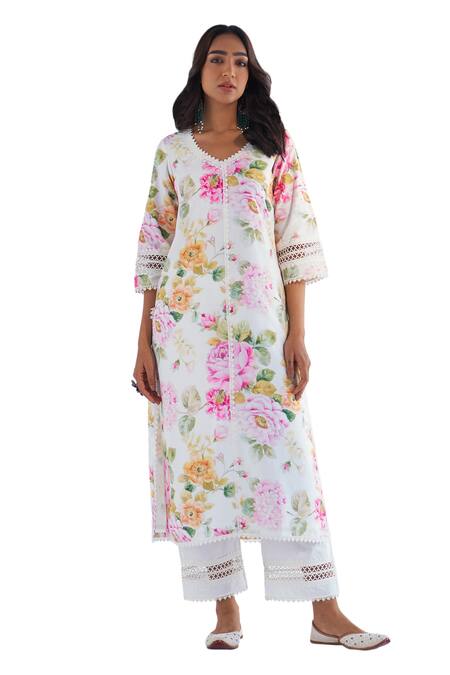 Roze White Cotton, Chiffon Embroidery, Lace Round Riha Floral Print Kurta Pant Set Online at Aza Fashions Roze_White Cotton, Chiffon Embroidery, Lace Round Riha Floral Print Kurta Pant Set _Online_at_Aza_Fashions