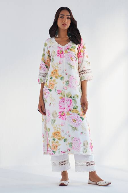 Buy Roze White Cotton, Chiffon Embroidery, Lace Round Riha Floral Print Kurta Pant Set Online at Aza Fashions Buy_Roze_White Cotton, Chiffon Embroidery, Lace Round Riha Floral Print Kurta Pant Set _Online_at_Aza_Fashions