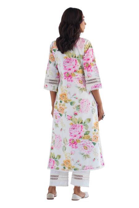 Roze White Cotton, Chiffon Embroidery, Lace Round Riha Floral Print Kurta Pant Set at Aza Fashions Roze_White Cotton, Chiffon Embroidery, Lace Round Riha Floral Print Kurta Pant Set _at_Aza_Fashions