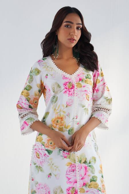 Buy Roze White Cotton, Chiffon Embroidery, Lace Round Riha Floral Print Kurta Pant Set Buy_Roze_White Cotton, Chiffon Embroidery, Lace Round Riha Floral Print Kurta Pant Set