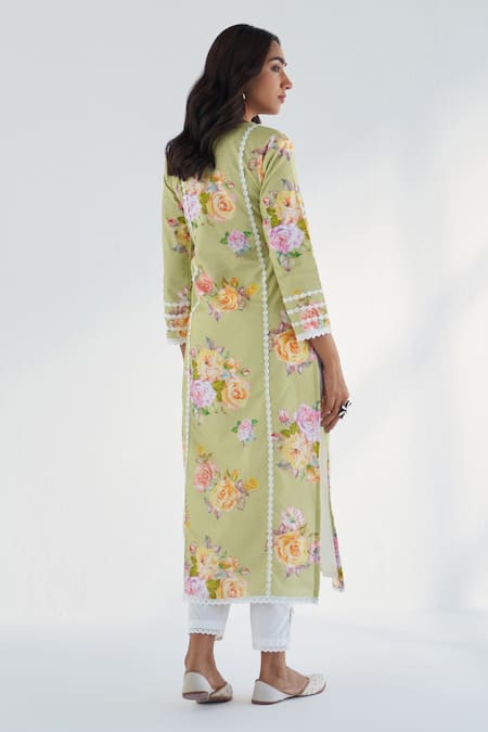 Shop Roze Green Cotton, Kota Doria Lace, Embroidery Sahar Floral Print Kurta Pant Set at Aza Fashions Shop_Roze_Green Cotton, Kota Doria Lace, Embroidery Sahar Floral Print Kurta Pant Set _at_Aza_Fashions