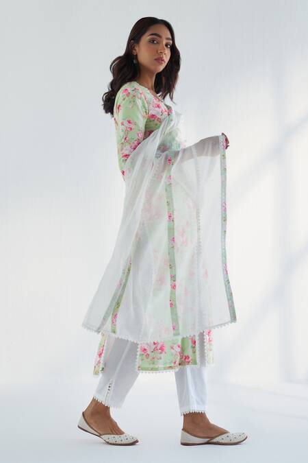 Roze Green Cotton, Kota Doria Lace, Embroidery Sahar Floral Print Kurta Pant Set Online at Aza Fashions Roze_Green Cotton, Kota Doria Lace, Embroidery Sahar Floral Print Kurta Pant Set _Online_at_Aza_Fashions