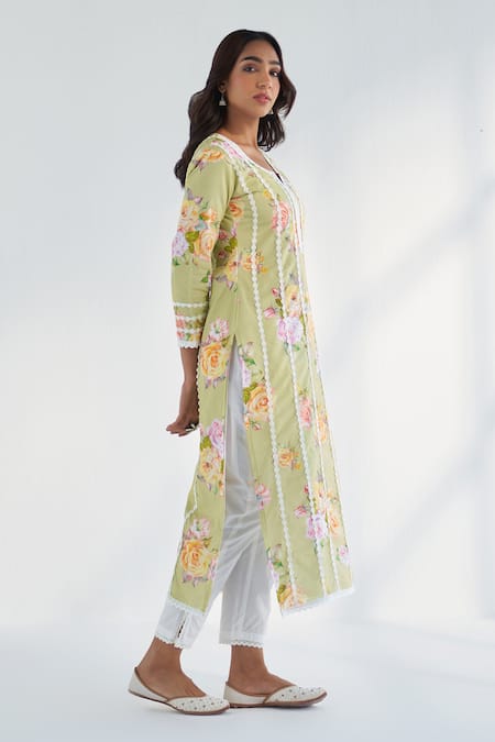 Buy Roze Green Cotton, Kota Doria Lace, Embroidery Sahar Floral Print Kurta Pant Set Online at Aza Fashions Buy_Roze_Green Cotton, Kota Doria Lace, Embroidery Sahar Floral Print Kurta Pant Set _Online_at_Aza_Fashions