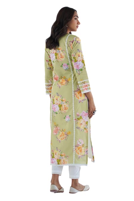 Shop Roze Green Cotton, Kota Doria Lace, Embroidery Sahar Floral Print Kurta Pant Set Online at Aza Fashions Shop_Roze_Green Cotton, Kota Doria Lace, Embroidery Sahar Floral Print Kurta Pant Set _Online_at_Aza_Fashions