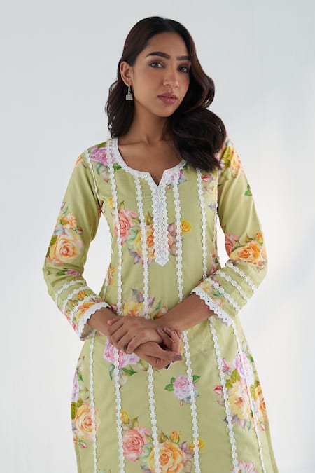Buy Roze Green Cotton, Kota Doria Lace, Embroidery Sahar Floral Print Kurta Pant Set Buy_Roze_Green Cotton, Kota Doria Lace, Embroidery Sahar Floral Print Kurta Pant Set