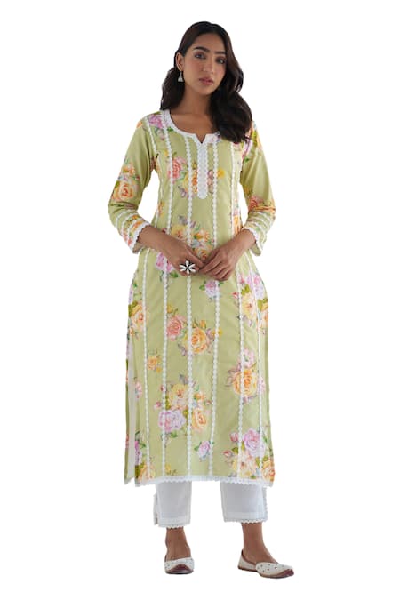 Shop Roze Green Cotton, Kota Doria Lace, Embroidery Sahar Floral Print Kurta Pant Set Shop_Roze_Green Cotton, Kota Doria Lace, Embroidery Sahar Floral Print Kurta Pant Set