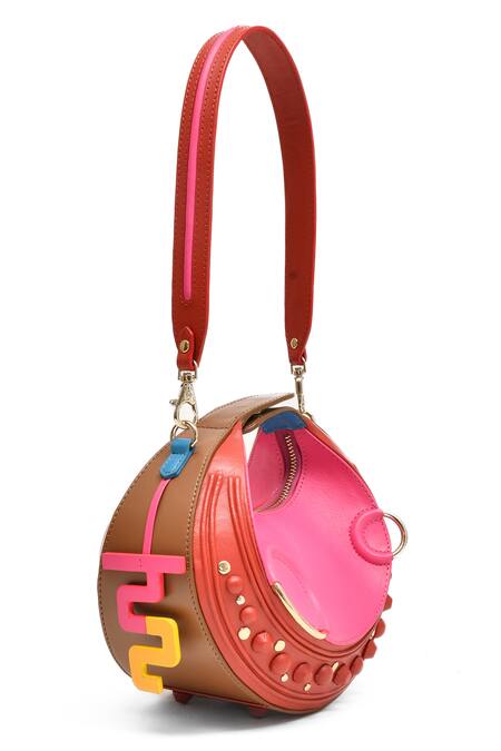 Shop_Immri_Red Studs Crescent Halo Bag With Embellishments _Online_at_Aza_Fashions