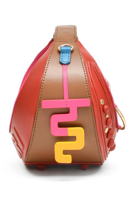 Shop_Immri_Red Studs Crescent Halo Bag With Embellishments 