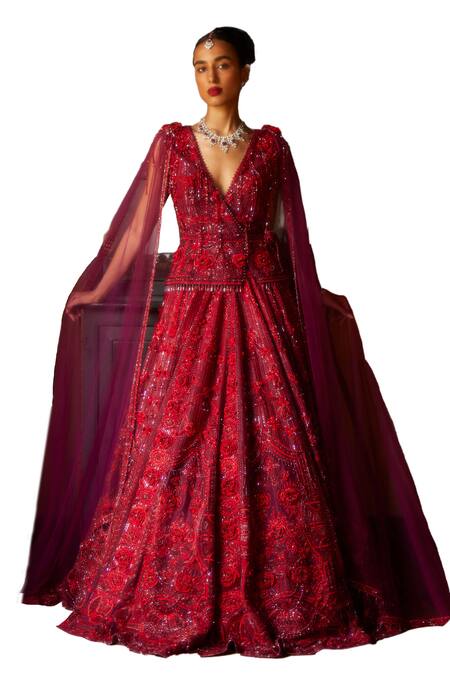 Eeksha 3d Floral Swarovski Embellished Bridal Lehenga With Cape Sleeve Peplum Jacket Online at Aza Fashions Eeksha_3d Floral Swarovski Embellished Bridal Lehenga With Cape Sleeve Peplum Jacket _Online_at_Aza_Fashions