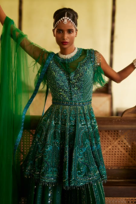 Shop Eeksha Green Net, Georgette Resham Embroidered Embellished Peplum Kurta Sharara Set at Aza Fashions Shop_Eeksha_Green Net, Georgette Resham Embroidered Embellished Peplum Kurta Sharara Set _at_Aza_Fashions