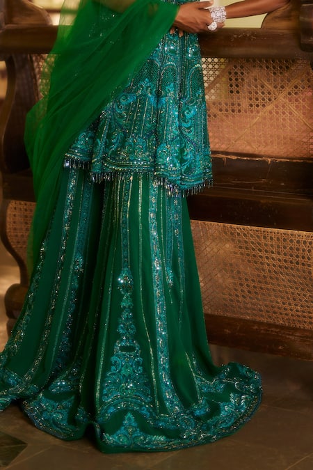 Eeksha Green Net, Georgette Resham Embroidered Embellished Peplum Kurta Sharara Set Online at Aza Fashions Eeksha_Green Net, Georgette Resham Embroidered Embellished Peplum Kurta Sharara Set _Online_at_Aza_Fashions