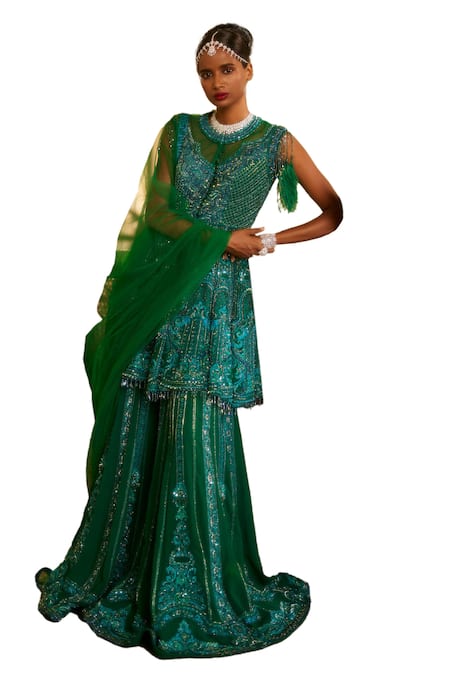 Buy Eeksha Green Net, Georgette Resham Embroidered Embellished Peplum Kurta Sharara Set Online at Aza Fashions Buy_Eeksha_Green Net, Georgette Resham Embroidered Embellished Peplum Kurta Sharara Set _Online_at_Aza_Fashions